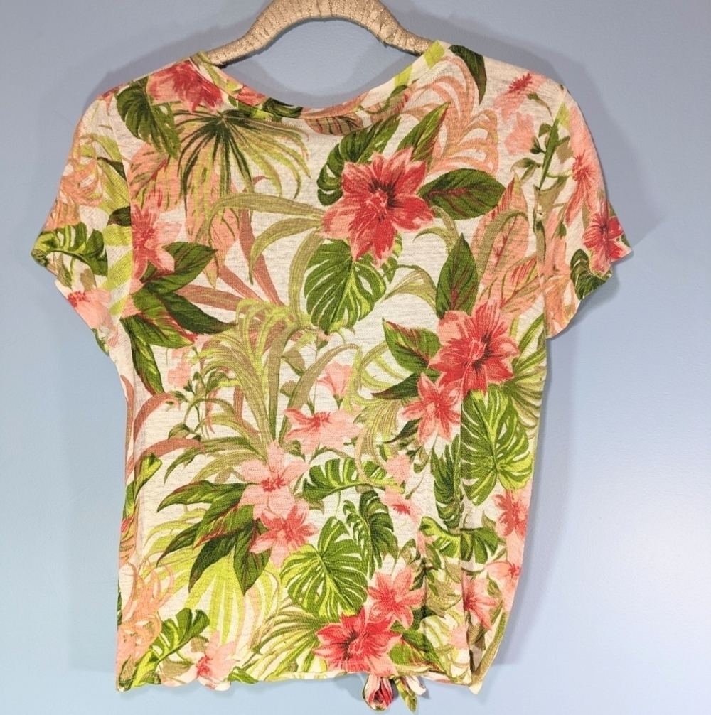 J. Jill Linen Tropical Print Tie-Hem Tee - Picture 2 of 4